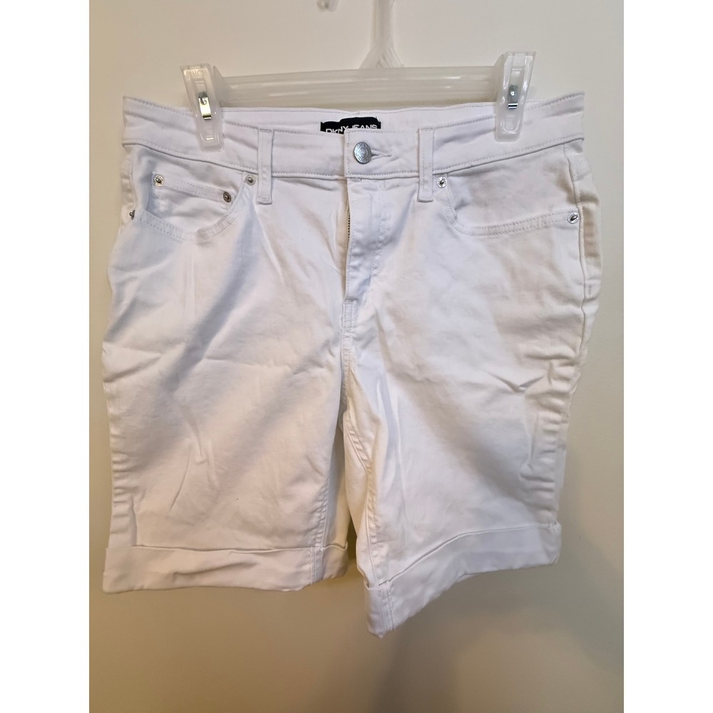 DKNY Jeans Bermuda Shorts Womens 12 White Excellent Cuffed Stretch Denim